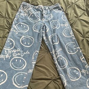 H&M Light Blue Denim High Rise Jeans with White Smiley Print